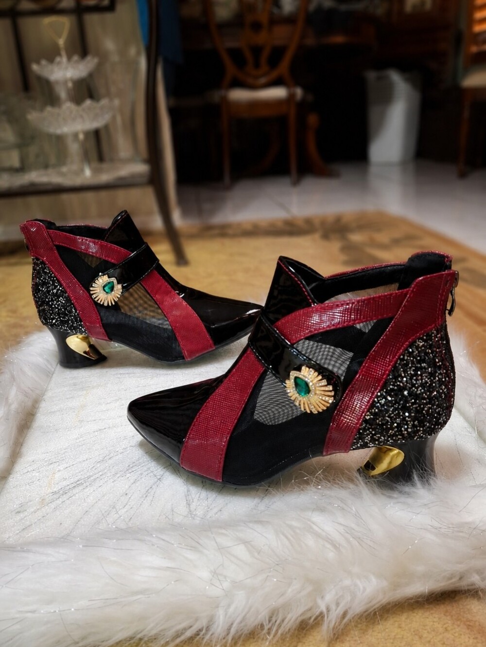 Women Black/Burgundy Mesh Ankle Booties Embellish Buckle Sculpted Heel Size 7.5 - Picture 2 of 16
